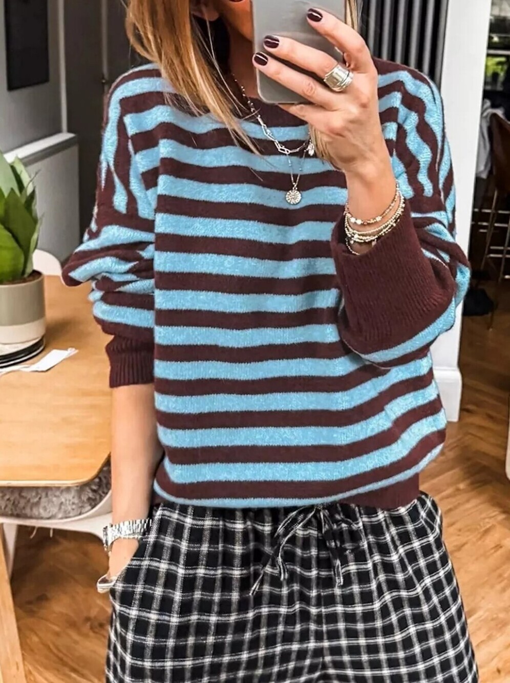 Stripe Color Block Loose Crew Neck Cuffed Sweater
